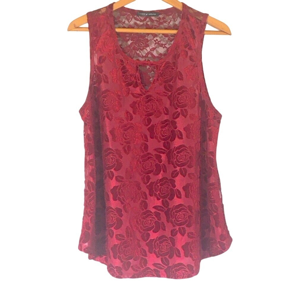 Voice of California Burgundy Red Burnout Velvet Floral Lace Tank Top‎ XL 16725T